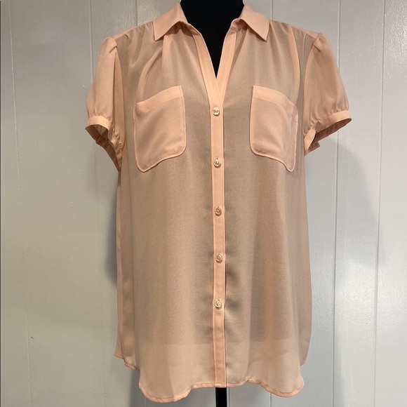 LOFT Blouse Short Sleeve V-Neck Gathered Balletcore Feminine Pink Size Large - Picture 1 of 11